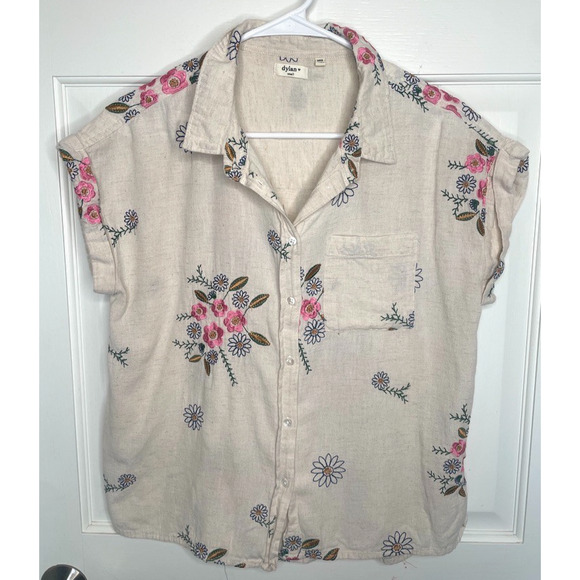 dylan Tops - Women's Floral Embroidered Camp Button Down Shirt Sz S Cotton Boho Resort
